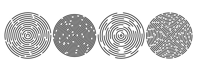 Poster - Black concentric ripple circles set. Linear sound wave rings collection. Epicenter, target, radar, sonar icon concept. Radial signal or vibration elements. Line vector illustration 
