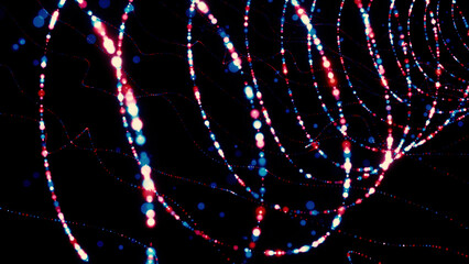 Poster - Abstract neon spiral shape of many tiny particles on a dark background. Motion. Spinning bending stripes of round shaped small dots.