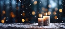 A Customizable Wide-format Banner Provides Room For Personalization While Showcasing The Cozy Ambiance Of Candlelights Amidst A Serene Snowy Backdrop. Photorealistic Illustration