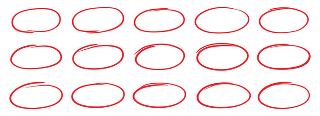 Poster - Hand drawn red oval set. Hand drawn doodle marker, pen stroke line highlight oval frame. Scribble round frame for text highlight. Grunge scratch style set. Vector illustration