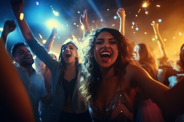 A large group of young people are dancing in a nightclub.