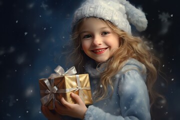 Little Scandinavian n girl in a Santa hat with a Christmas gift on the background of the Christmas decorations.