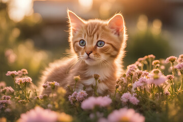 Wall Mural - portrait beautiful fluffy cat sits in a thicket of bright blue and lilac flowers