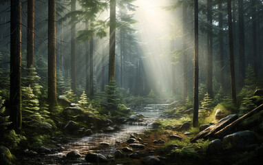 Wall Mural - Misty forest in the morning