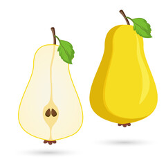 Wall Mural - set of Two ripe pear and its pieces. Two pieces sliced of yellow pear fruit cut on isolated background. And Cut of healthy pear fruit concept