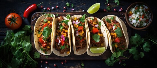 Wall Mural - Top down view of healthy plant based pulled pork substitute tacos on a rustic blue wood table