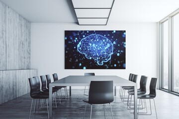 Aufkleber - Creative artificial Intelligence symbol on presentation tv screen in a modern meeting room. Neural networks and machine learning concept. 3D Rendering