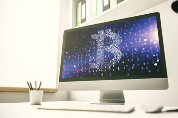 Poster - Creative Bitcoin concept on modern computer monitor. 3D Rendering