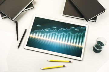 Poster - Modern digital tablet monitor with abstract creative financial chart, research and strategy concept. Top view. 3D Rendering