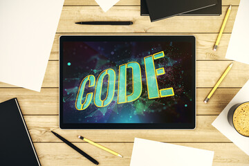 Poster - Creative Code word hologram on modern digital tablet display, artificial intelligence and neural networks concept. Top view. 3D Rendering