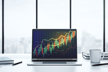 Poster - modern computer screen with abstract creative financial chart, research and analytics concept. 3d re