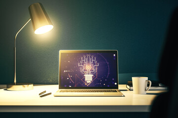 Poster - Creative light bulb illustration with microcircuit on modern computer monitor, future technology concept. 3D Rendering