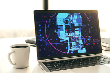 Poster - Modern computer screen with creative human head microcircuit. Future technology and AI concept. 3D Rendering
