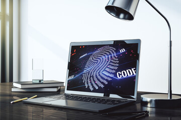 Poster - Computer monitor with abstract creative fingerprint illustration, personal biometric data concept. 3D Rendering