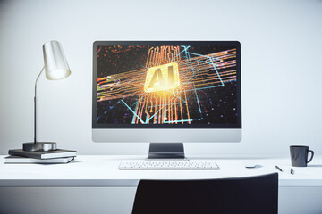 Poster - Modern computer monitor with creative artificial Intelligence icon. Neural networks and machine learning concept. 3D Rendering