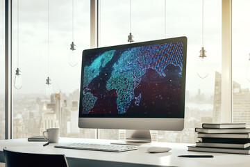 Aufkleber - Abstract digital world map on modern computer monitor, big data and blockchain concept. 3D Rendering