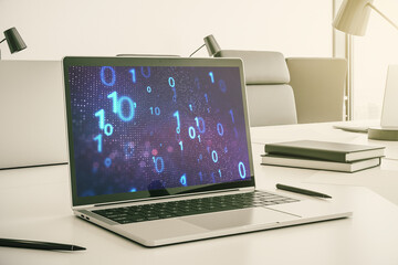 Aufkleber - Creative abstract binary code sketch on modern laptop monitor, hacking and matrix concept. 3D Rendering