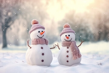 Two snowmen with hats and scarfs in a forest