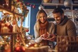 © Alan - young smiling couple shopping for Christmas. Caucasian happy family looking in a store for winter decorations and ornaments. Attractive man and woman buying gifts cheerfully in a retail shop