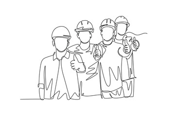 Wall Mural - Continuous one line drawing of young happy male and female building builder groups wearing helmet giving thumbs up gesture. Great team work concept. Single line draw design vector graphic illustration