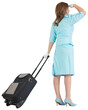 Digital png photo of caucasian stewardess holding suitcase and seeking on transparent background