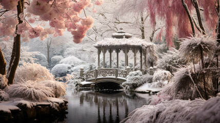 Wall Mural - A small bridge over a river in winter with lots of snow