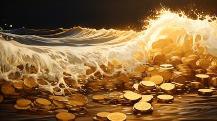 Gold coin money wave crypto sea concept finance metaverse business digital advertising. 3D coin money currency gold rich fee golden cash exchange online futuristic pay profit technology. Generative AI