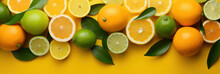 Citrus Fruits Background, Top View. Oranges, Lemons, Limes Whole Cut And Sliced And Green Leaves Banner