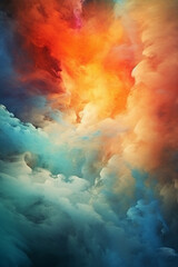 Wall Mural - Abstract dramatic watercolor cloudscape background with orange and cyan clouds. Generative AI   