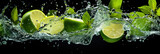 Mojito cocktail with lime and mint splashing on black background, banner. Summer refreshing drink 