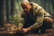Man Crouching Down To Plant Tree. This Image Can Be Used To Depict Environmental Conservation, Gardening, Or Sustainability Projects.