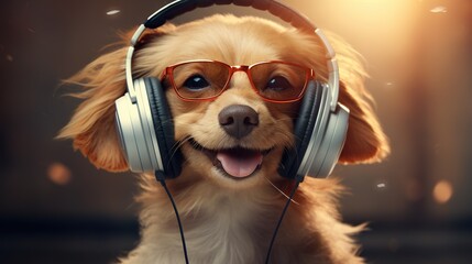 Sticker -  a dog wearing headphones and glasses with its tongue out.  generative ai