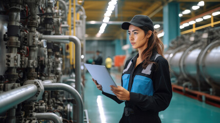 Poster - Female engineer works in a chemical plant using a laptop computer.