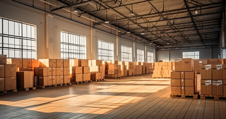 Fototapete - Warehouse, Logistics, A large warehouse with numerous items, Rows of shelves with boxes.