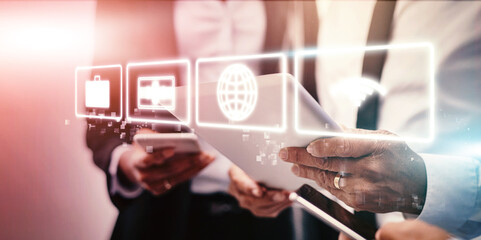 Fototapete - Hologram, tablet and hands of business people with futuristic networking for company growth and connection. Technology, software and team working on 3D digital worldwide development information