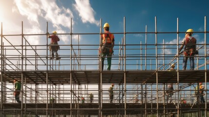 Poster - Construction worker working on scaffolding in construction site.