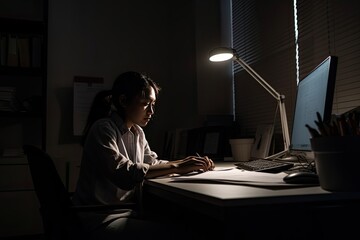 Young woman working until night