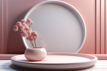 Poster - Mock up with podium for product display, Pink tone, Minimal background, 3d rendering.