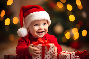 Wall Mural - Portrait of cheerful cute baby in Santa hat with Christmas gift sitting next to glowing decorated Christmas tree at home