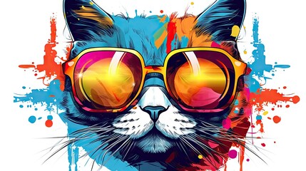 Wall Mural -  a cat wearing sunglasses with a splash of paint behind it.  generative ai