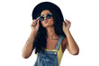 © Bharat/peopleimages.com - Summer, fashion and kiss, woman isolated on transparent png background in sunglasses and hat for portrait. Travel, holiday and happy gen z girl in eyewear, designer clothes and luxury vacation style.