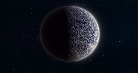 Wall Mural - abstract realistic space spinning planet round sphere with a cracked gray surface in space against t