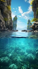 Wall Mural - An underwater landscape with rocky formations and flowing water