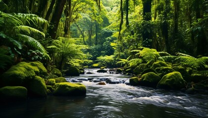 Poster - A serene forest stream surrounded by vibrant greenery