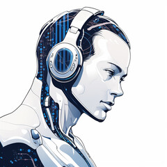 Aufkleber - A line art depiction of a robot wearing headphones, suggesting AI's role in speech recognition and natural language processing.