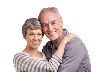 Canvas Print - Marriage, embrace and portrait of old couple isolated on transparent png background in trust, love and care. Support, senior man and happy woman hug in romantic bonding, smile and retirement together