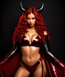 beautiful red hair woman in halloween devil costume with horns