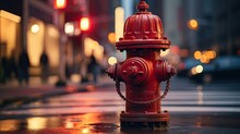  A Red Fire Hydrant Sitting On The Side Of A Road.  Generative Ai