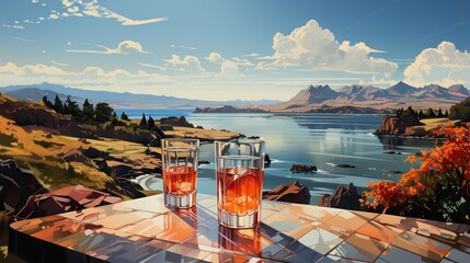  a painting of two glasses of wine on a table overlooking a lake.  generative ai