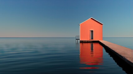 Poster -  a small house sitting on top of a body of water.  generative ai